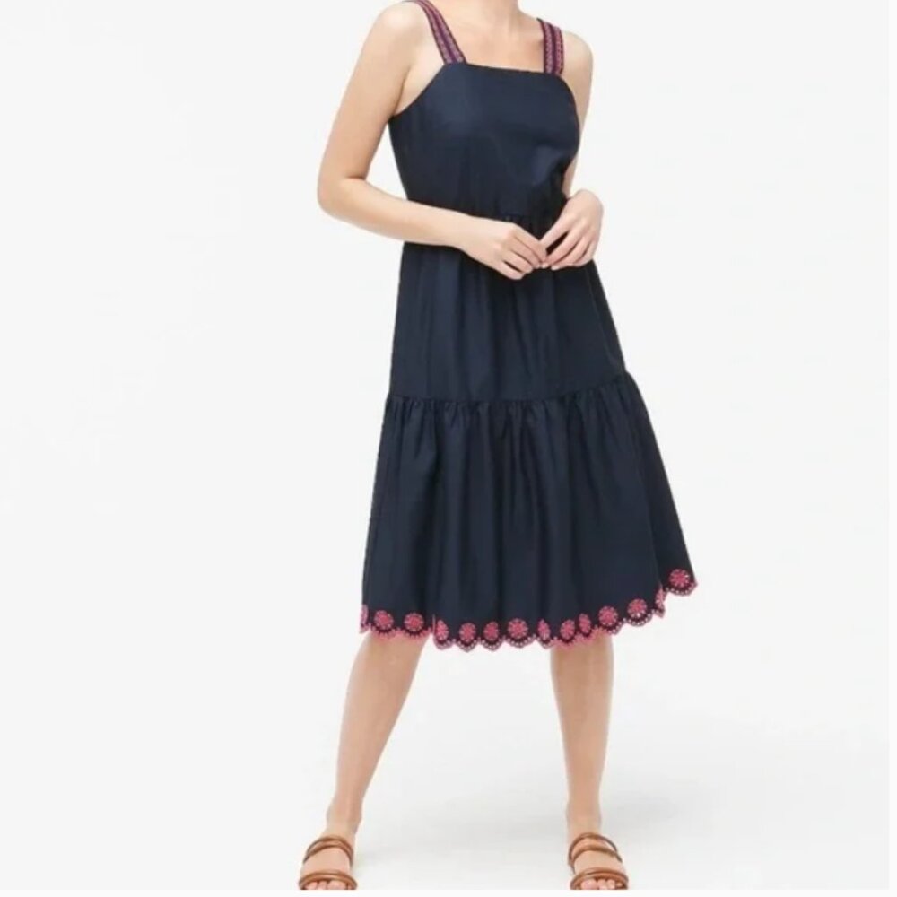 J. Crew Embroidered scalloped tiered dress navy 4
